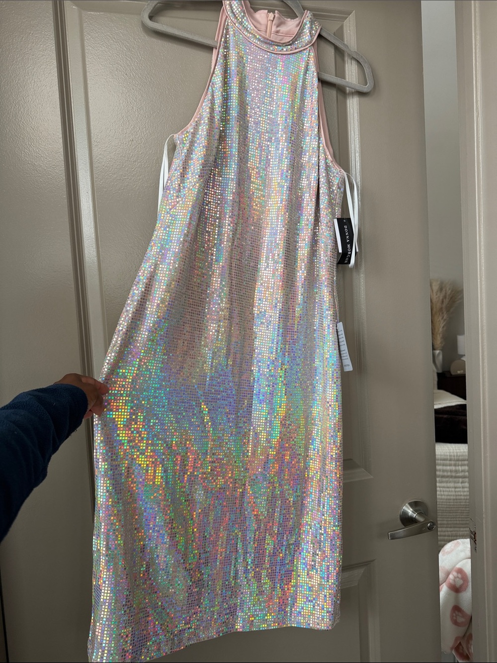 Holographic Sequin Halter Dress - Iridescent Pink